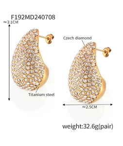 Detail view of gold titanium steel teardrop earrings with sparkling Czech diamonds