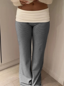 Women's vertical striped flare pants with beige fold-over high waist for casual wear