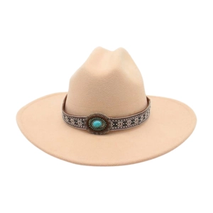 Classic khaki wool western cowboy hat with woven band and turquoise stone accent