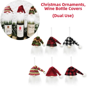 Detail of Nordic Christmas gnomes used as festive bottle covers and hanging ornaments