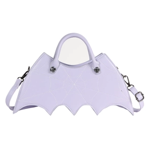 Detail view of purple bat-shaped PU leather bag with spider web stitching and metal handles