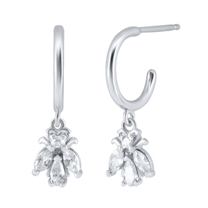Macro shot of silver bee earring detail with sparkling cubic zirconia inlaid wings