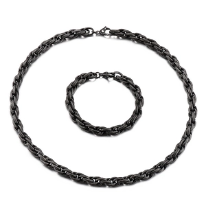 Ensemble collier et bracelet en acier inoxydable noir rétro avec chaîne torsadée mate
