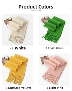 Detail view of four wool-feel scarves in white, green, yellow, and pink with long tassels