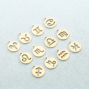 Twelve Zodiac Constellation Charms Stainless Steel Round Hollow Symbols Pendants For DIY Jewelry Making Necklaces Bracelets