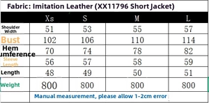 Size chart for faux leather cropped jacket with measurements for XS to L sizes