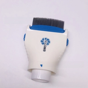 Detail view of the electric pet flea comb with dense metal bristles for dog grooming