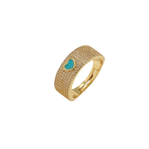 14K gold plated open ring featuring a blue heart center and pavé cubic zirconia