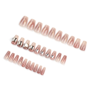 30pcs press-on nails set with pink gradient, diamonds, pearls and metal butterfly