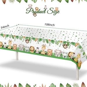 Jungle safari party tablecloth with cartoon lions and elephants, 54x108 inch size