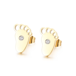 Minimalist golden stainless steel baby feet stud earrings with sparkling round zircon