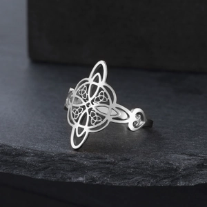 Polished stainless steel Celtic knot ring with intricate hollow trinity knot design