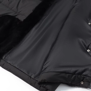Close-up detail of plush faux fur lining and metal snap buttons on a black winter jacket