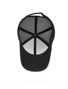 Detailed interior of a black mesh baseball cap showing 6-panel stitching and honeycomb mesh