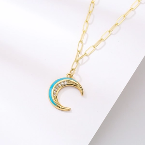 18K gold plated moon pendant necklace with blue enamel and sparkling cubic zirconia stones