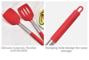 Red silicone spatulas with stainless steel handles featuring hanging hole detail