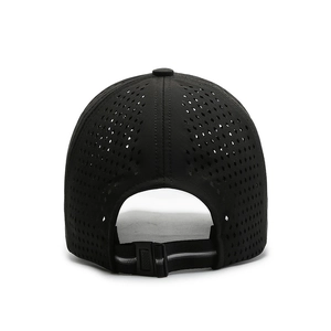 Rear view of black quick-dry sports cap with laser-cut holes and adjustable strap