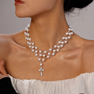 Collier Pendentif Croix En Künstliche Perles Imitation Multicouches Élégant Pour Femmes Vintage Strass Zircon Bijoux Choker Cadeau
