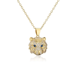 18K gold plated copper necklace with sparkling tiger head pendant and blue stone eyes