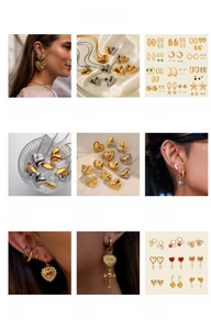 Collection détaillée de boucles d'oreilles et colliers cœurs en acier inoxydable doré
