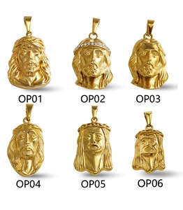 Detailed views of six hip-hop Jesus head pendants in gold steel with white rhinestones