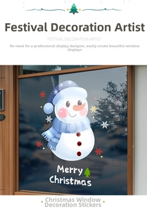 Vue détaillée des stickers de fenêtre bonhomme de neige avec flocons et texte de Noël