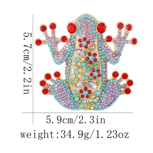 Detailed view of colorful rhinestone frog brooch with size measurements and weight data