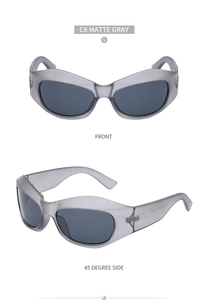 Front and 45-degree side views of matte gray wrap-around sports sunglasses with UV lenses