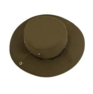 Detailed top view of olive green sun hat showing wide brim stitching and mesh vents