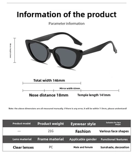 Detailed size specifications and PC frame dimensions for cat-eye sunglasses