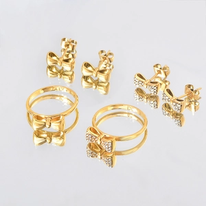 Fashion Titanium Steel Bowknot Ring And Stud Earrings Set Elegant Inlaid Rhinestone Gold Jewelry Set For Women Party Gift