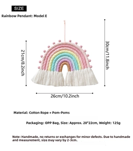 Detailed view of woven rainbow wall hanging with soft macaron colors and white tassels