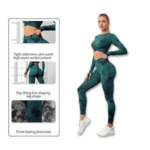 Ensemble de yoga tie-dye pour femmes avec legging taille haute et haut court manches longues