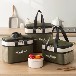 Three-piece insulated meal bag set in green and beige with thick foil lining