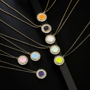 Sonnenblume Smiley Anhänger Halskette Kupfer Vergoldet Mit Bunter Emaille Zirkonia Zierlicher Schmuck Frauen