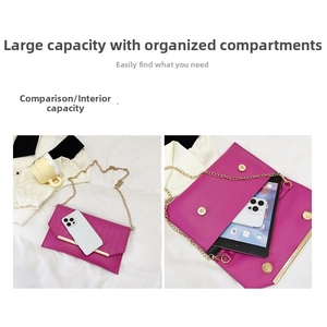 Detailed interior of rose purple evening clutch bag showing large capacity for phone