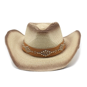 Western straw cowboy hat with gradient brim and metallic rivet leather band