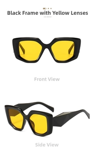 Detailed view of polygon sunglasses with black frames and yellow lenses from two angles