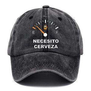 Retro washed denim baseball cap in dark grey with 'NECESITO CERVEZA' print and fuel gauge