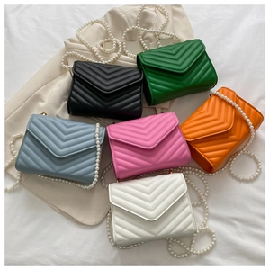 Quilted flap crossbody bags in various colors with elegant pearl chain shoulder straps