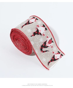 Detail of Christmas ribbon rolls featuring gnome patterns and red stitched edges