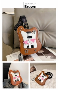 Close-up of guitar-shaped bag with star rivets and skull details in brown and white
