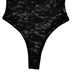 Detailed close-up of the fine floral black lace texture on a stylish bodysuit