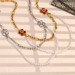 Elegant 18K gold plated stainless steel necklaces with pearls and flower pendants