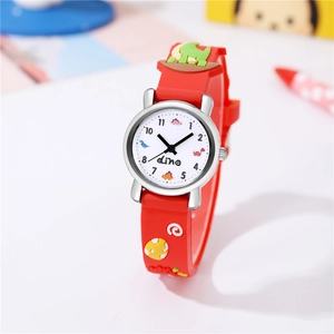 Kids quartz watch with red silicone strap featuring 3D dinosaur and rainbow patterns