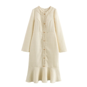 Elegant Tweed Dress Long Sleeve Round Neck Gold Buttons Fishtail Hem French Style Retro Women Midi Dress Ivory