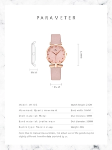 Detailed spec sheet showing 32mm dial size and quartz movement for the pink leather watch