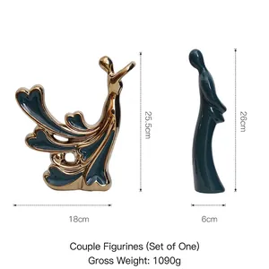 Modern Morandi dark green and gold abstract ceramic couple figurines for home decor