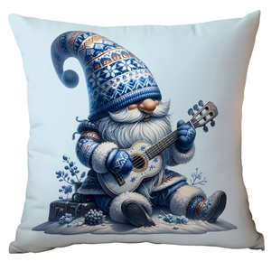 Close-up of winter blue gnome with guitar print on white holiday pillow cover fabric