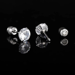 Detail of round cubic zirconia stud earring with 4-prong setting and screw back